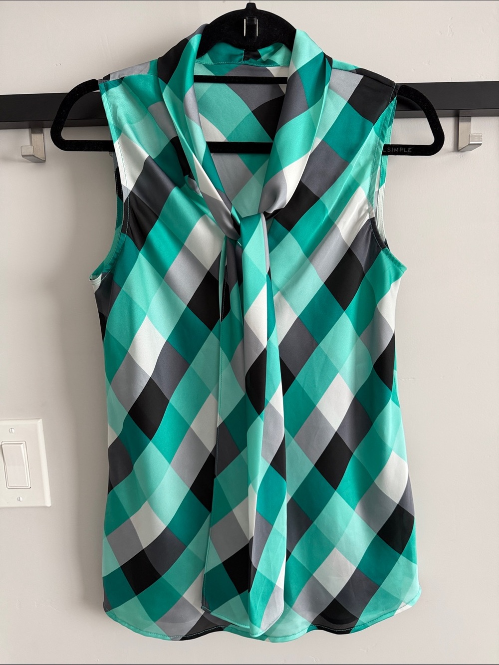 Sleeveless Tie-Neck Plaid Blouse - Teal/Black/Gray -